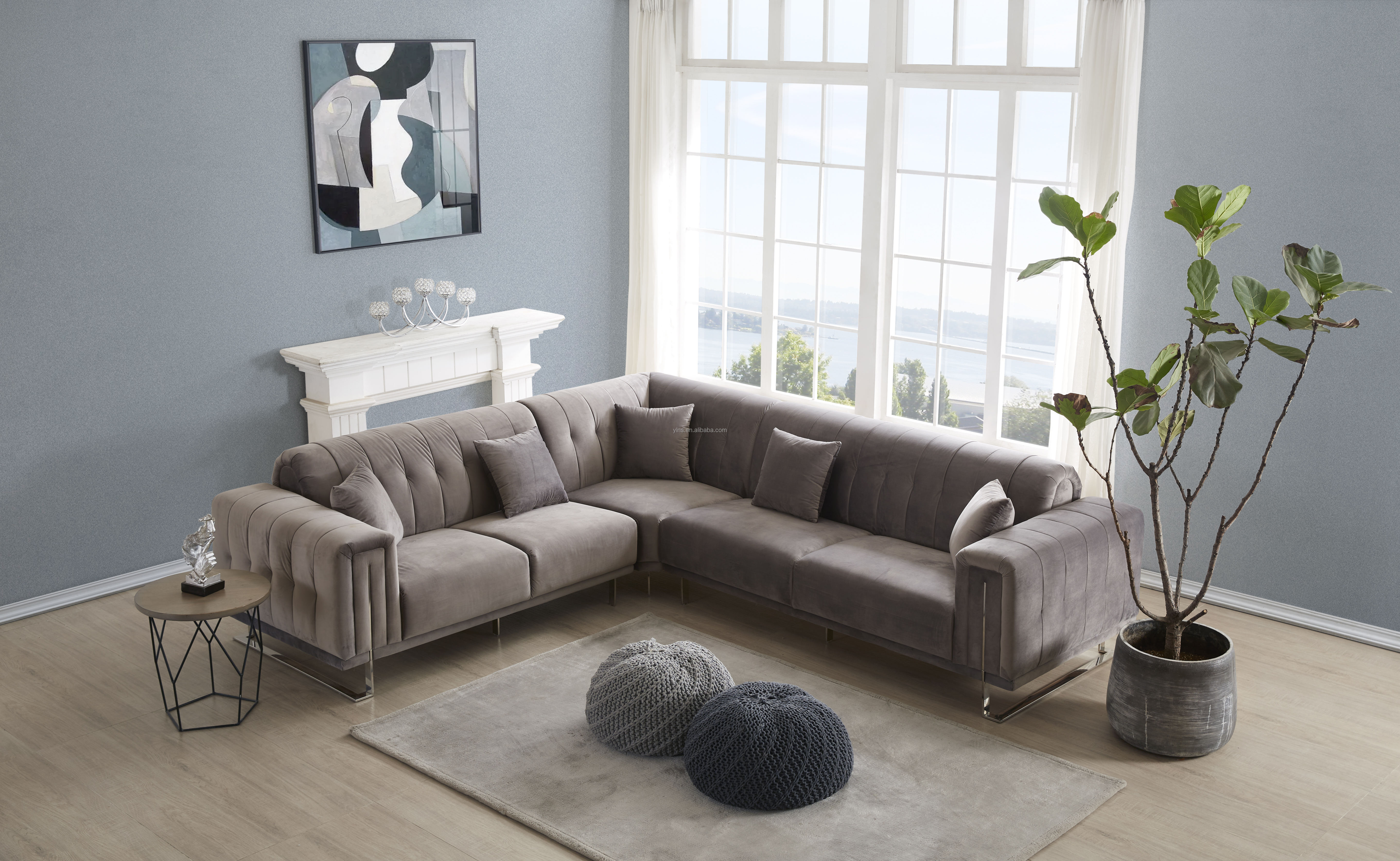 luxury velvet fabric european chesterfield living room modern furniture with Metallic stainless steel leg sofa set