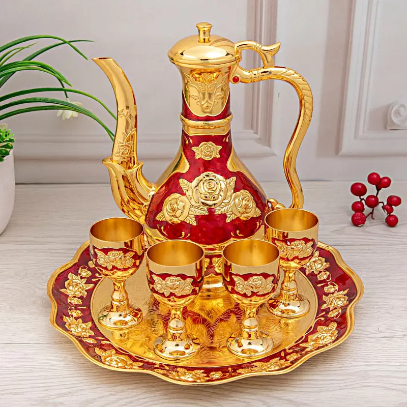 QIAN HU Ramadan Kareem Gifts Arabic Design Promotional Products Home Decoration Golden Zinc Alloy Teapot set