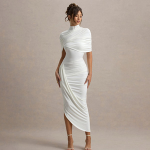 Vestido Largo Asimétrico de Cuello Alto para Mujer, Cintura Natural, Color Sólido, Cómodo para la Noche, Estilo para Citas - Product Image 2