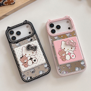 Funda para teléfono móvil con diseño de gato KT de dibujos animados, espejo y soporte, para iPhone 17 Air 16 15 Pro Max, con soporte plegable, oreja de oso y diamantes, cubierta trasera bonita - Product Image 1