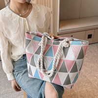 Sac fourre-tout en toile Lilalila, deux anses en corde épaisse, forme carrée imprimée, fermeture à glissière, couleur contrastée, mode décontractée pour femmes