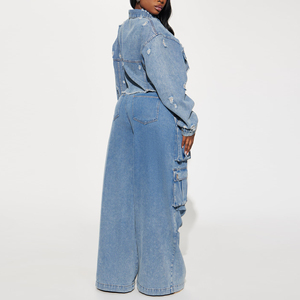 Produttore di alta qualità Denim <span class=keywords><strong>camicia</strong></span> a manica lunga e ampia gamba Multi tasche di <span class=keywords><strong>Jeans</strong></span> 2 pezzi Set per le donne - Product Image 5