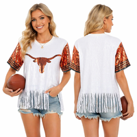T-shirt à sequins pour femme, style maillot de football américain Texas Longhorns, avec pompons, pour le jour du match, pour les fans de la NFL Texas Longhorns