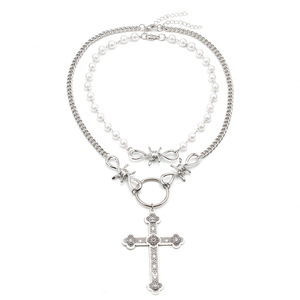 สร้อยคอจี้รูปไม้กางเขนสไตล์ยุโรปอเมริกัน ไข่มุกเทียม สองชั้น สไตล์ฮิปฮอป พังก์ สำหรับงานปาร์ตี้ - Product Image 5