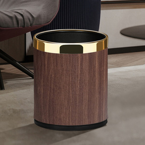 Cylindrical Waste Bin Wood Grain Metal Rim Indoor Living Room Bedroom Kitchen Bathroom Trash Can <b>Light</b> Luxury Style - Product Image 1