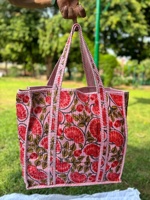 Tas tangan wanita bermotif blok India tas Tote besar katun berlapis hadiah perjalanan hadiah Natal untuk dia kembali ke tas sekolah
