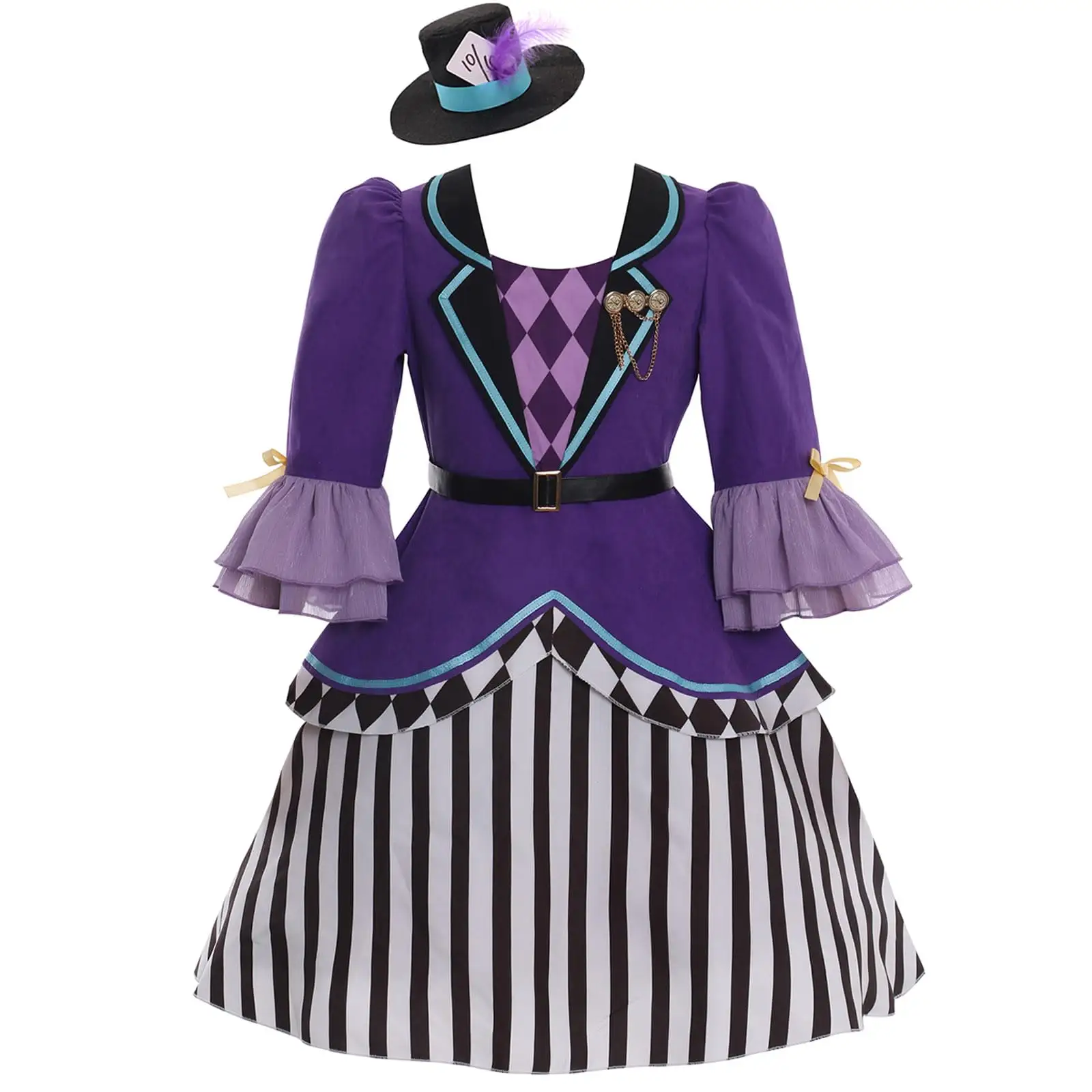 Halloween Girls Mad Hatter Purple Costume with Hat Clips Fairytale Party Dress Outfit Fancy Prom Dress Kids Role Play Dress Up