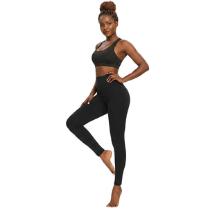 Leggings de yoga taille haute sans couture, longueur intégrale, noir uni, en Spandex et Polyester, avec taille élastique - Product Image 1