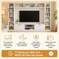 Rak TV Kombinasi Lemari Buku Unit Dinding 240cm Putih Matte Rak Terbuka Perakitan Cam-Lock OEM Grosir