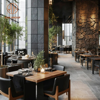Ensemble de meubles de restaurant, café et bar moderne, table à manger rectangulaire en bois massif et chaises en cuir véritable vert foncé