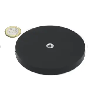 Neodymium magnet system D 88 mm black rubber-coated with internal thread, holds approx. 56 kg