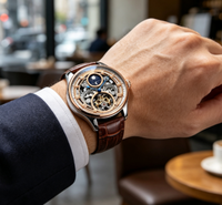 Montre mécanique automatique pour homme, cadran squelette ajouré, affichage des phases lunaires, bracelet en cuir véritable marron, montre-bracelet de style professionnel
