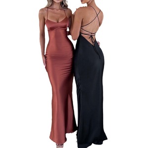 Vêtements pour femmes Sexy sangle Satin robe automne nouvelle mode dos nu à lacets taille contrôlée longue - Product Image 5