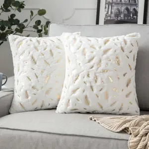 Short Plush Gold Feathers Leaf Black Cushion Cover For Couch Sofa Bed Home Decor