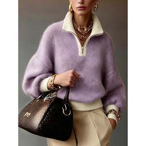 Suéter de Cachemira Casual de Invierno para Mujer, Cuello Medio con Cierre, Corte Holgado, Color Caqui - Product Image 1
