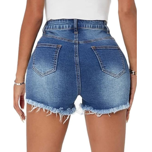 Pantalones cortos de mezclilla rasgados de cintura media de cintura alta para mujer, pantalones cortos vaqueros rectos desgastados, dobladillo deshilachado para ropa informal Sexy de verano - Product Image 5