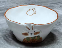 Bol à riz en céramique peint à la main avec un lapin de dessin animé, 4,5 pouces, vaisselle écologique sans BPA, réutilisable