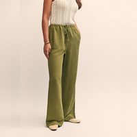 Pantalon évasé en lin personnalisable pour femmes XL coupe droite cordon de serrage Logo imprimé vert lavé Techniques lâche été Style bas quantité minimale de commande