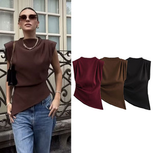 Top de verano para mujer con hombrera decorativa plisada, nuevo estilo Europeo Americano, venta al por mayor, Chaleco Corto, camiseta Sexy ajustada - Product Image 1