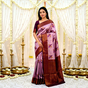 <b>Purple</b> Silk <b>Saree</b> with Peacock Motif and Brown Border Sun Protection Floor-Length for Wedding Occasion Women Traditional Wear - Product Image 1