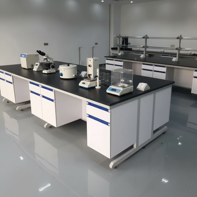 Modular Design Work Table C-frame Wood Steel Lab Island Bench with Storage Cabinets for Research