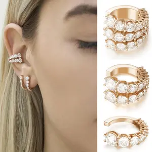 Pendientes de aleación de diamantes de imitación chapados en oro para niñas, aros C, sin agujero, piercing para oreja, Europa y América