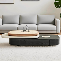 Table basse moderne rotative à 360 degrés avec tiroir, plateau en pierre frittée travertin et base de rangement en placage de bois noir