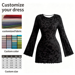 Elegante Abito Mini Aderente con Schiena Scoperta e Motivi Floreali, <span class=keywords><strong>Maniche</strong></span> Lunghe a Campana, Collo Tondo, Outfit per Feste Primaverili ed Estive, Personalizzabile - Product Image 6