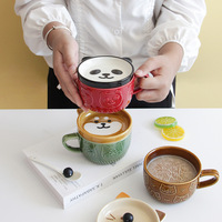 Tasse à café en céramique gaufrée à motif animal mignon avec couvercle, adaptée aux adultes et aux enfants