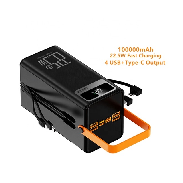 Outdoor High Capacity Power Bank 100000mAh Built-in 2 Cables LED Light Multi Port PD 22.5w Fast Charging Powerbank USB-C Output