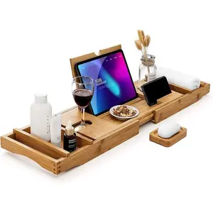 Luxus Holz Bad zubehör Organizer Tablett mit Buch und Weinhalter Erweiterbare Bambus Badewanne Caddy Bad Bad Tablett