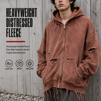 Sweat-shirt à capuche entièrement zippé en molleton marron délavé personnalisé 360 g/m² avec empiècements vieillis, poche kangourou et ourlet effiloché brut, style streetwear OEM ODM