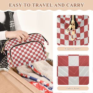Sac de maquillage personnalisé imprimé à carreaux rouges, trousse de toilette portable de voyage avec ensemble de flacons, grande capacité, pochette cosmétique - Product Image 4
