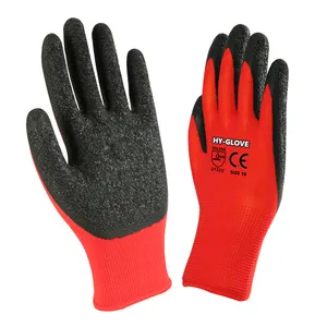 Nhà Máy Bán buôn 13 gam Polyester Màu Đỏ Găng tay với Crinkle Latex tráng găng tay guantes recubiertos En latex an toàn làm việc găng tay
