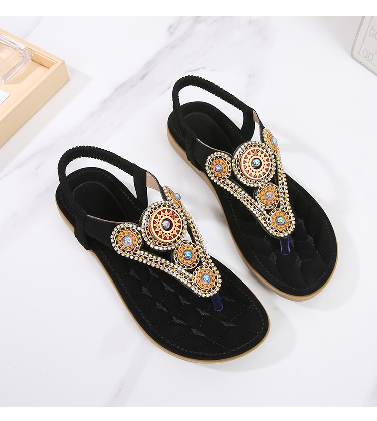 New Bohemian Sandals Simple Casual Flat Bottom Clip Toe Comfortable Rhinestone Sandals Femme