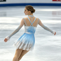 Robe de patinage artistique bleu et blanc dégradé pour enfants et adultes, avec manches longues évasées en maille et jupe ornée de strass, idéale pour la compétition et les spectacles.
