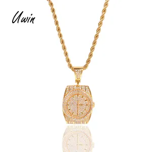 Designer Iced Out Uhr geformt Bling Bling CZ Gold Hip Hop Anhänger UWIN Fashion Rapper Herren schmuck