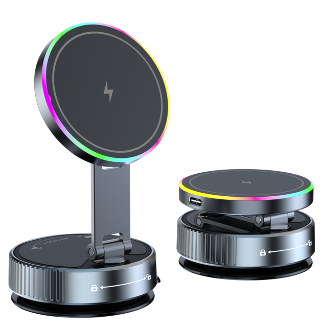 Vacuum Magnetic Suction 15W Wireless Charge Car Phone Holder 360° Rotatable Foldable Phone Mount Gym Holder