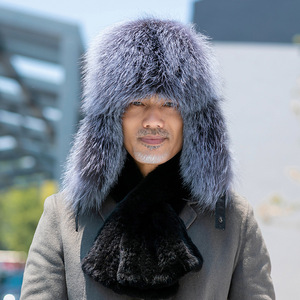 Chapeau de trappeur Ushanka d'hiver de style russe pour hommes Chapeau en cuir véritable coupe-vent Aviator Raccoon <span class=keywords><strong>Fox</strong></span> Hats With Fur Ear Flap - Product Image 4