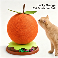 Griffoir pour chat en corde de sisal naturelle, forme orange, avec base tournante et boule à billes, jouet interactif pour chat