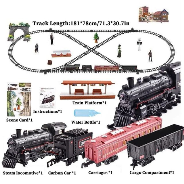 Classic Railway Train Slot Toys Water Steam Locomotive Remote Control Train Light & Sound Electric Train Set With Smoke