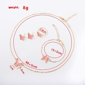 Collection populaire européenne et américaine de mode féminine, ensemble de 4 pièces, collier, boucles d'oreilles, bague en alliage plaqué or avec papillon en verre trempé - Product Image 6