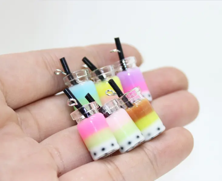 Kids Mulcolored Milk Tea Drink Pendant Charms New Resin Plastic Imitation Food Drink Pendant Charms Children Jewelry Accessories
