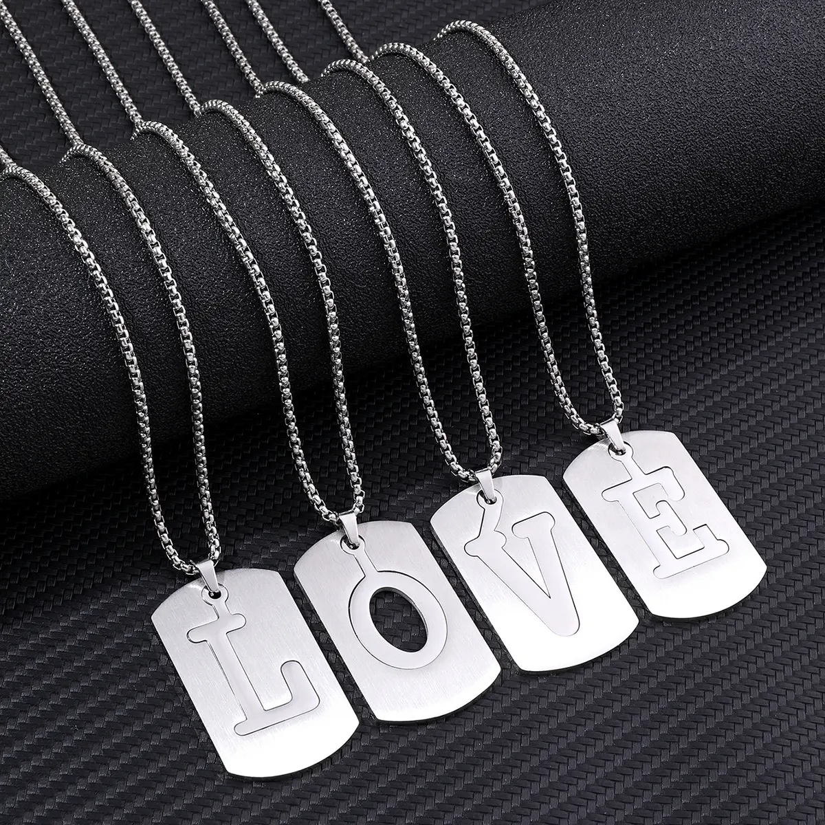A-Z Inital Letter Necklace Personality Hip Hop Titanium Steel Square Pendant Arabic Letter Necklace For Men Jewelry