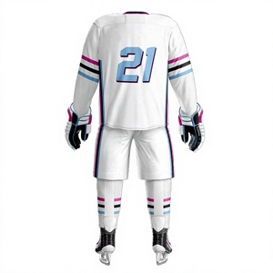 Uniforme de hockey sur glace LM pour hommes, blanc, rose, bleu, à rayures, impression par sublimation, respirant, 100 % polyester, fusion sans couture par détection de pointes - Product Image 3