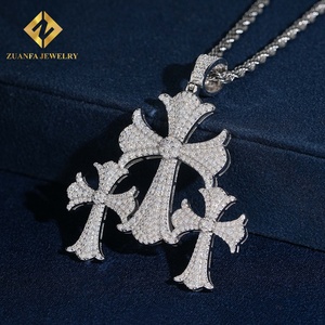 Hip Hop Bling Triple Floral <b>Cross</b> Pendant Iced‑Out 925 <b>Silver</b> Moissanite Gothic Religion Charm Pendant Party for <b>Men</b> - Product Image 2
