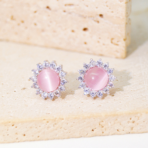 GZH-1221 Khuyến mãi nóng, số lượng đặt hàng tối thiểu nhỏ, khuyên tai bạc 925 dành cho nữ, kiểu dáng tròn đính đá mặt trăng hồng - Product Image 1