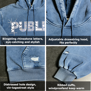 Sudadera con Capucha Unisex de Moda Otoñal para Hombre, Estilo Vintage, con Lavado Ácido, Cordón, Pedrería y Estampado Desgastado, Personalizada por Fábrica ODM - Product Image 2