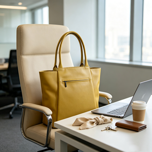 Soft Mustard Yellow Faux Leather Tote <b>Bag</b> <b>Large</b> Capacity Front <b>Zip</b> Pocket Top Handle Women Office <b>Shoulder</b> Handbag - Product Image 4