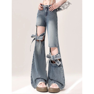 Jeans a Zampa Strappati con Fiocco Stile Americano Retrò da Donna Taglie Forti, Modello High Street Sassy Girl con Dettagli Cut-out - Product Image 2